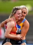 28 July 2019; Sarah Lavin of U.C.D. A.C., Co. Dublin, right, celebrates with Sarah Quinn of St. Colmans South Mayo A.C., Co. Mayo, following the Women's 100m Hurdles during day two of the Irish Life Health National Senior Track & Field Championships at Morton Stadium in Santry, Dublin. Photo by Sam Barnes/Sportsfile