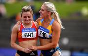 28 July 2019; Sarah Lavin of U.C.D. A.C., Co. Dublin, right, celebrates with Sarah Quinn of St. Colmans South Mayo A.C., Co. Mayo, following the Women's 100m Hurdles during day two of the Irish Life Health National Senior Track & Field Championships at Morton Stadium in Santry, Dublin. Photo by Sam Barnes/Sportsfile