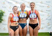 28 July 2019; Silver medalist Sarah Quinn of St. Colmans South Mayo A.C., Co. Mayo, left, gold medalist Sarah Lavin of U.C.D. A.C., Co. Dublin, and bronze Lilly-ann OHora of Dooneen A.C., Co. Limerick, medalist after competing in the Women's 100m Hurdles during day two of the Irish Life Health National Senior Track & Field Championships at Morton Stadium in Santry, Dublin. Photo by Harry Murphy/Sportsfile