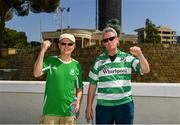1 August 2019; Shamrock Rovers fans, from left, Gerry Matthews, from Carpenterstown, Barony, Co Dublin and Shay Maguire, Ranelagh in Dublin pictured in the Nicosia city centre prior to the UEFA Europa League 2nd Qualifying Round 2nd Leg match between Apollon Limassol and Shamrock Rovers at GSP Stadium in Nicosia, Cyprus. Photo by Harry Murphy/Sportsfile