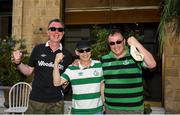 1 August 2019; Shamrock Rovers fans, from left, Mick Moore, Sean Fallon and Willie Mooney, from Clondalkin, Co Dublin pictured in the Nicosia city centre prior to the UEFA Europa League 2nd Qualifying Round 2nd Leg match between Apollon Limassol and Shamrock Rovers at GSP Stadium in Nicosia, Cyprus. Photo by Harry Murphy/Sportsfile