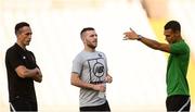 1 August 2019; Shamrock Rovers players, from left, Aaron McEneff, Jack Byrne and Graham Burke inspect the pitch prior to the UEFA Europa League 2nd Qualifying Round 2nd Leg match between Apollon Limassol and Shamrock Rovers at the GSP Stadium in Nicosia, Cyprus. Photo by Harry Murphy/Sportsfile