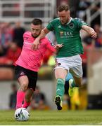 28 July 2019; Jack Byrne of Shamrock Rovers and Kevin O'Connor of Cork City during the SSE Airtricity League Premier Division match between Cork City and Shamrock Rovers at Turners Cross in Cork. Photo by Ben McShane/Sportsfile