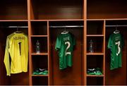 3 August 2019; The jersey's of Marie Hourihan, Heather Payne and Harriet Scott hang in the Republic of Ireland dressing room prior to the Women's International Friendly match between USA and Republic of Ireland at Rose Bowl in Pasadena, California, USA. Photo by Cody Glenn/Sportsfile