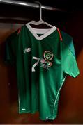 3 August 2019; The jersey's of Republic of Ireland's Diane Caldwell hangs in their dressing room prior to the Women's International Friendly match between USA and Republic of Ireland at Rose Bowl in Pasadena, California, USA. Photo by Cody Glenn/Sportsfile