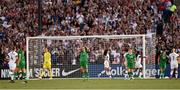 3 August 2019; Republic of Ireland players Niamh Fahey, 5, and Harriet Scott, right, reacts after conceding their opening goal during the Women's International Friendly match between USA and Republic of Ireland at Rose Bowl in Pasadena, California, USA. Photo by Cody Glenn/Sportsfile