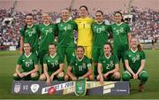 3 August 2019; The Republic of Ireland team, back row, from left, Niamh Farrelly, Diane Caldwell, Louise Quinn, Marie Hourihan, Jess Gargan and Niamh Fahey, with front row, Claire O'Riordan, Harriet Scott, Katie McCabe, Heather Payne and Amber Barrett prior to the Women's International Friendly match between USA and Republic of Ireland at Rose Bowl in Pasadena, California, USA. Photo by Cody Glenn/Sportsfile