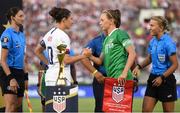 3 August 2019; Republic of Ireland captain Katie McCabe and USA captain Carli Lloyd shake hands behind the FIFA Women's World Cup prior to the Women's International Friendly match between USA and Republic of Ireland at Rose Bowl in Pasadena, California, USA. Photo by Cody Glenn/Sportsfile