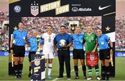 3 August 2019; Republic of Ireland captain Katie McCabe and USA captain Carli Lloyd pose with match officials, including referee Ekaterina Koroleva, behind the FIFA Women's World Cup prior to the Women's International Friendly match between USA and Republic of Ireland at Rose Bowl in Pasadena, California, USA. Photo by Cody Glenn/Sportsfile