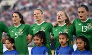 3 August 2019; Republic of Ireland players, from left, Niamh Fahey, Diane Caldwell, Amber Barrett and Jess Gargan sing their national anthem prior to the Women's International Friendly match between USA and Republic of Ireland at Rose Bowl in Pasadena, California, USA. Photo by Cody Glenn/Sportsfile