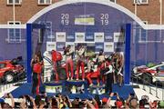 4 August 2019; Ott Tänak and Martin Järveoja in their Toyota Yaris WRC  celebrating after winning Rally Finland 2019 during Round 9 of the FIA World Rally Championship in Jyväskylä, Finland. Photo by Philip Fitzpatrick/Sportsfile