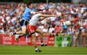 4 August 2019; Michael Cassidy of Tyrone in action against Robert McDaid of Dublin during the GAA Football All-Ireland Senior Championship Quarter-Final Group 2 Phase 3 match between Tyrone and Dublin at Healy Park in Omagh, Tyrone. Photo by Brendan Moran/Sportsfile