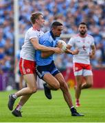 4 August 2019; James McCarthy of Dublin is tackled by Ben McDonnell of Tyrone during the GAA Football All-Ireland Senior Championship Quarter-Final Group 2 Phase 3 match between Tyrone and Dublin at Healy Park in Omagh, Tyrone. Photo by Brendan Moran/Sportsfile