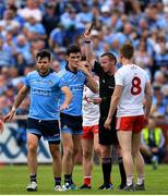 4 August 2019; Diarmuid Connolly of Dublin is shown a black card by referee Joe McQuillan during the GAA Football All-Ireland Senior Championship Quarter-Final Group 2 Phase 3 match between Tyrone and Dublin at Healy Park in Omagh, Tyrone. Photo by Brendan Moran/Sportsfile