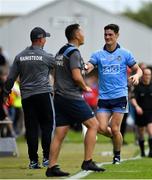 4 August 2019; Diarmuid Connolly of Dublin is greeted by Dublin manager Jim Gavin as he leaves the pitch after being shown a black card during the GAA Football All-Ireland Senior Championship Quarter-Final Group 2 Phase 3 match between Tyrone and Dublin at Healy Park in Omagh, Tyrone. Photo by Brendan Moran/Sportsfile