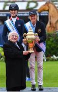 9 August 2019; Great Britain Chef d'Equipe Di Lampard is presented with the Aga Khan Trophy by President Michael D Higgins following her country's victory during the Longines FEI Jumping Nations Cup™ of Ireland at the Stena Line Dublin Horse Show 2019 at the RDS in Dublin. Photo by Seb Daly/Sportsfile