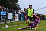 10 August 2019; Charlie Fleming of Cobh Ramblers is tackled by Daniel Cleary of Dundalk during the Extra.ie FAI Cup First Round match between Cobh Ramblers and Dundalk at St. Colman’s Park in Cobh, Co. Cork. Photo by Eóin Noonan/Sportsfile
