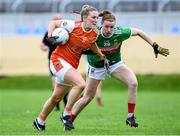 10 August 2019; Kelly Mallon of Armaghin in action against Aileen Gilroy of Mayo during the TG4 All-Ireland Ladies Football Senior Championship Quarter-Final match between Mayo and Armagh at Glennon Brothers Pearse Park in Longford. Photo by Matt Browne/Sportsfile