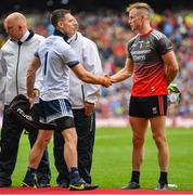 10 August 2019; Goalkeepers Stephen Cluxton of Dublin and Rob Hennelly of Mayo shake hands ahead of the GAA Football All-Ireland Senior Championship Semi-Final match between Dublin and Mayo at Croke Park in Dublin. Photo by Ramsey Cardy/Sportsfile