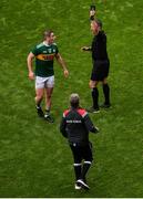 11 August 2019; Referee Maurice Deegan shows Stephen O'Brien of Kerry a black card during the GAA Football All-Ireland Senior Championship Semi-Final match between Kerry and Tyrone at Croke Park in Dublin. Photo by Daire Brennan/Sportsfile