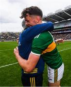 11 August 2019; Kerry manager Peter Keane, left, and David Clifford following their victory in the GAA Football All-Ireland Senior Championship Semi-Final match between Kerry and Tyrone at Croke Park in Dublin. Photo by Ramsey Cardy/Sportsfile