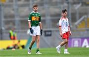 11 August 2019; Matthew Whitmore, St. Columban’s PS, Belcoo, Fermanagh, representing Kerry, and Colm McGuckian, Sacred Heart NS, Aughrim, Wicklow, representing Tyrone, during the INTO Cumann na mBunscol GAA Respect Exhibition Go Games during the GAA Football All-Ireland Senior Championship Semi-Final match between Kerry and Tyrone at Croke Park in Dublin. Photo by Piaras Ó Mídheach/Sportsfile