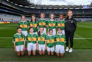 11 August 2019; The Kerry team, back row, left to right, Aideen Reddy, Bunscoil Bhóthar na Naomh, Lismore, Waterford, Ciara Parker, St Columban's PS, Belcoo, Fermanagh, Philomena Gillman, Mullinahone NS, Mullinahone, Tipperary, Mischia Rooney, Ballapousta NS, Ardee, Louth, Emma Lynch, Gilson NS, Oldcastle, Meath, Alexandra Peter, Castlerara NS, Drumohan, Cavan, front row, left to right, Clara Casey, St Patrick's PS, Pennyburn, 22 Racecourse Road, Derry, Marie Cranny, Bennekerry NS, Bennekerry, Carlow, Kate Conefrey, Fenagh NS, Ballinamore, Leitrim, Isabel Beaddie, Scoil Neasáin, Baile Hearman, Áth Cliath, ahead of the INTO Cumann na mBunscol GAA Respect Exhibition Go Games during the GAA Football All-Ireland Senior Championship Semi-Final match between Kerry and Tyrone at Croke Park in Dublin. Photo by  Piaras Ó Mídheach/Sportsfile