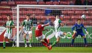 9 August 2019; Conor Clifford of St Patrick's Athletic has a shot on goal despite the attention of Paul Keegan of Bray Wanderers during the Extra.ie FAI Cup First Round match between St. Patrick’s Athletic and Bray Wanderers at Richmond Park in Dublin. Photo by Ben McShane/Sportsfile