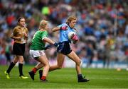 10 August 2019; Layla Stafford, Glynn NS Glynn, Wexford, representing Dublin, in action against Lilly Murray, Ballymurray NS, Ballymurray, Roscommon, representing Mayo, watched by referee Amy Dalton, St Mary’s Parish PS, Drogheda, Louth, during the INTO Cumann na mBunscol GAA Respect Exhibition Go Games during the GAA Football All-Ireland Senior Championship Semi-Final match between Dublin and Mayo at Croke Park in Dublin. Photo by Ray McManus/Sportsfile
