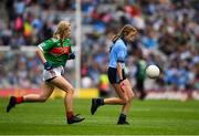 10 August 2019; Layla Stafford, Glynn NS Glynn, Wexford, representing Dublin, in action against Lilly Murray, Ballymurray NS, Ballymurray, Roscommon, representing Mayo, during the INTO Cumann na mBunscol GAA Respect Exhibition Go Games during the GAA Football All-Ireland Senior Championship Semi-Final match between Dublin and Mayo at Croke Park in Dublin. Photo by Ray McManus/Sportsfile