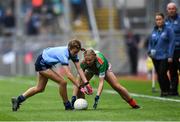 10 August 2019; Layla Stafford, Glynn NS Glynn, Wexford, representing Dublin, in action against Lilly Murray, Ballymurray NS, Ballymurray, Roscommon, representing Mayo, during the INTO Cumann na mBunscol GAA Respect Exhibition Go Games during the GAA Football All-Ireland Senior Championship Semi-Final match between Dublin and Mayo at Croke Park in Dublin. Photo by Piaras Ó Mídheach/Sportsfile
