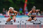 14 August 2019; Sarah Lavin of Ireland, left, and Christie Moerman of Canada competing in the Women's 100m Hurdles event, sponsored by O'Leary Insurances, during the BAM Cork City Sports at CIT Athletics Stadium in Bishopstown, Cork. Photo by Sam Barnes/Sportsfile