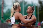 14 August 2019; Sarah Lavin of Ireland, left, congratulates Christie Moerman of Canada following the Women's 100m Hurdles event, sponsored by O'Leary Insurances, during the BAM Cork City Sports at CIT Athletics Stadium in Bishopstown, Cork. Photo by Sam Barnes/Sportsfile