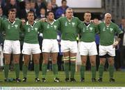 11 October 2003; Ireland players, from left, Anthony Foley, Keith Gleeson, Reggie Corrigan, Victor Costello, Marcus Horan and Keith Wood stand together for &quot; Ireland's Call &quot; before the game. 2003 Rugby World Cup, Pool A, Ireland v Romania, Central Coast Stadium, Gosford, New South Wales, Australia. Picture credit; Brendan Moran / SPORTSFILE *EDI*