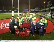 7 November 2003; Mo Durkan, Public Affairs and Communications Manager for Coca Cola, centre, at the announcment of the new Coca Cola Tag Rugby campaign for primary schools in Ireland with Simon Bewley, National Tag Rugby Development Officer, and, right, Leo Cullen, Leinster Rugby team, pictured with some of the kids from schools that will be playing tag rugby. Picture credit; Matt Browne / SPORTSFILE *EDI*