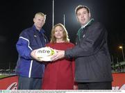 7 November 2003; Mo Durkan, Public Affairs and Communications Manager for Coca Cola, centre, at the announcment of the new Coca Cola Tag Rugby campaign for primary schools in Ireland with Simon Bewley, National Tag Rugby Development Officer, and, left, Leo Cullen, Leinster Rugby team. Picture credit; Matt Browne / SPORTSFILE *EDI*