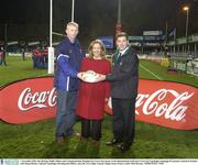 7 November 2003; Mo Durkan, Public Affairs and Communications Manager for Coca Cola, centre, at the announcment of the new Coca Cola Tag Rugby campaign for primary schools in Ireland with Simon Bewley, National Tag Rugby Development Officer, and, left, Leo Cullen, Leinster Rugby team. Picture credit; Matt Browne / SPORTSFILE *EDI*