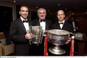 7 November 2003; The Kilkenny captain DJ Carey, An Taoiseach Bertie Ahern T.D. and the Tyrone captain Peter Canavan at the Carphone Warehouse sponsored GPA Gala night featuring the Seat Player of Year Awards, Burlington Hotel, Dublin. Picture credit; Ray McManus / SPORTSFILE *EDI*