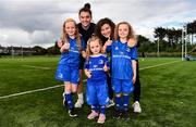 17 August 2019; Leinster players, Judy Bobbett, left, and Jenny Murphy with mascots from left, Sadhbh McKane, age 9, Tara McKane, age 5 and Caoimhe McKane, age 8 from Donore, Co. Meath prior to the Women’s Interprovincial Rugby Championship match between Leinster and Connacht at Energia Park in Donnybrook, Dublin. Photo by Eóin Noonan/Sportsfile