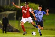 23 August 2019; Kevin Toner of St Patrick's Athletic in action against Daniel Tobin of UCD during the Extra.ie FAI Cup Second Round match between UCD and St Patrick's Athletic at The UCD Bowl in Dublin. Photo by Ben McShane/Sportsfile