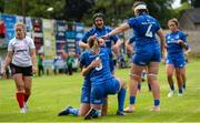 24 August 2019; Katie O’Dwyer and Jeamie Deacon of Leinster celebrate after their side's second try during the Women’s Interprovincial Championship match between Ulster and Leinster at Armagh RFC in Armagh. Photo by Oliver McVeigh/Sportsfile