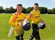 25 August 2019; Damien Mortimer, left, and Gregory Ford of Malahide congratulate each other as they leave the field following their side's victory during the All-Ireland T20 Cricket Semi-final match between Cork County and Malahide at Stormont in Belfast. Photo by Seb Daly/Sportsfile