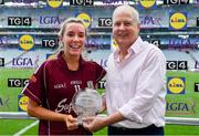 25 August 2019; Megan Glynn of Galway receives the Player of the Match award from Ard Stiúrthóir TG4, Alan Esslemont following the TG4 All-Ireland Ladies Senior Football Championship Semi-Final match between Galway and Mayo at Croke Park in Dublin. Photo by Brendan Moran/Sportsfile