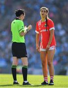 25 August 2019; Eimear Meaney of Cork reacts as she is shown a yellow card by referee Maggie Farrelly during the TG4 All-Ireland Ladies Senior Football Championship Semi-Final match between Dublin and Cork at Croke Park in Dublin. Photo by Brendan Moran/Sportsfile