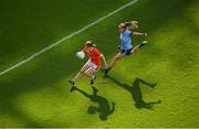 25 August 2019; Rhona Ní Bhuachalla of Cork in action against Éabha Rutledge of Dublin during the TG4 All-Ireland Ladies Senior Football Championship Semi-Final match between Dublin and Cork at Croke Park in Dublin. Photo by Eóin Noonan/Sportsfile