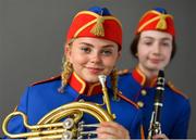 28 August 2019; French hornist Emily Battle, left, and clarinetist Saedbh Brennan during the launch of the new uniform of The Artane Band at the Artane School of Music in Dublin. Photo by Ramsey Cardy/Sportsfile