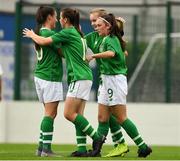 29 August 2019; Alannah McEvoy of Republic of Ireland, 9, is congratulated by her team-mates from left Jessica Ziu, Emily Whelan and Izzy Atkinson after scoring the first goal from the penalty spot against Austria during the Women's U19 International Friendly match between Republic of Ireland and Austria at Home Farm FC in Dublin. Photo by Matt Browne/Sportsfile