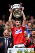 1 September 2019; Cork captain Conor Corbett lifts the Tom Markham Cup after the Electric Ireland GAA Football All-Ireland Minor Championship Final match between Cork and Galway at Croke Park in Dublin. Photo by Harry Murphy/Sportsfile