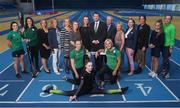 5 September 2019; Sport Ireland today announced a multi-year investment of over €3 million in National Governing Bodies of Sport through the re-launched Women in Sport Programme. Through the Women in Sport Programme, many National Governing Bodies for Sport have developed innovative programmes which target groups of young girls, teenage girls and older adults. While active participation remains important, the areas of leadership, coaching and officiating have become a key focus for many of the National Governing Bodies. In attendance, from left, Irish rugby player Lucy Mulhall, canoeist Jenny Egan, Emma Jane Clarke of Sport Ireland, Una May of Sport Ireland, Sarah Keane, CEO of Swim Ireland, Lynne Cantwell of Sport Ireland, heptathlete Elizabeth Morland, gymnast Emma Slevin, swimmer Niamh Kilgallen, Minister of State for Tourism and Sport Brendan Griffin, Sport Ireland CEO John Treacy, hurdler Sarah Lavin, Frances Kavanagh of Sport Ireland, Mary Dorgan of Sport Ireland, Nora Stapleton, Women in Sport Lead, golfer Hannah Guerin and tennis player Aisling O'Connor during a Sport Ireland Announcement of the multi-year investment in National Governing Bodies of Sport at the National Indoor Arena in Abbotstown, Dublin.  Photo by David Fitzgerald/Sportsfile