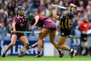 8 September 2019; Katie Power of Kilkenny in action against Heather Cooney, centre, and Aoife Donohue of Galway during the Liberty Insurance All-Ireland Senior Camogie Championship Final match between Galway and Kilkenny at Croke Park in Dublin. Photo by Piaras Ó Mídheach/Sportsfile